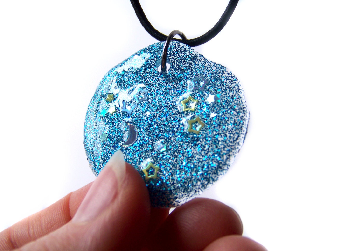 Galaxy Necklace, Blue Moons & Stars Round Resin Glitter Pendant