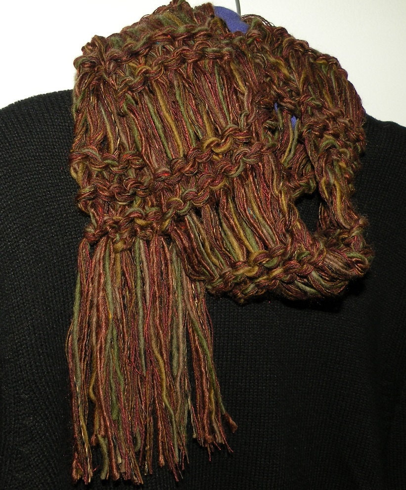 Men's scarf, brown green soft merino wool silk multicolor, long rustic warm winter hand knit fashion women chunky i886