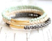 Pastel Beaded Wrap Cuff Bracelet Set - Matte Mint, Grey, Bone White - Spring Fashion