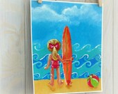 Childrens surf art, surfer girl, beach nursery decor, 8x10 print from original painting by Cathie Carlson