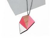 Geometric wooden polygon necklace - salmon, pink, white, natural wood - minimalist, modern jewelry - color blocking