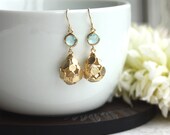 Gold Plated Baubles Bubbles Filigree Pendant, Aqua Blue Glass Drop Earrings. Bridesmaid Gifts. Summer. Modern. Everyday Earrings. For Sister