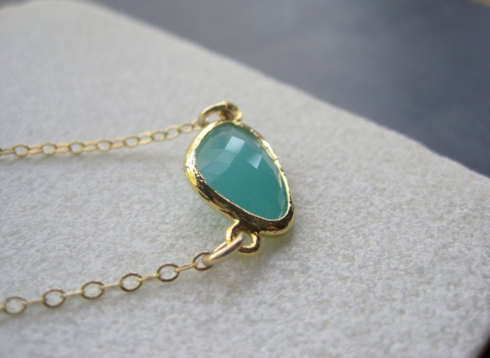 Gold Aqua Glass Necklace - Aqua Sea Green Necklace - Aqua Necklace - Summer Necklace