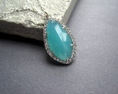 Stering Silver Aqua Blue Glass Rhinestone Necklace - Turquoise Stone Necklace - Glass Stone Necklace - Beach Necklace - Summer Jewelry
