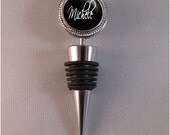 Wine Stopper with Silver Beaded Edge - Name in Black and White - Great for Weddings, Anniversaries - Custom Colors Available