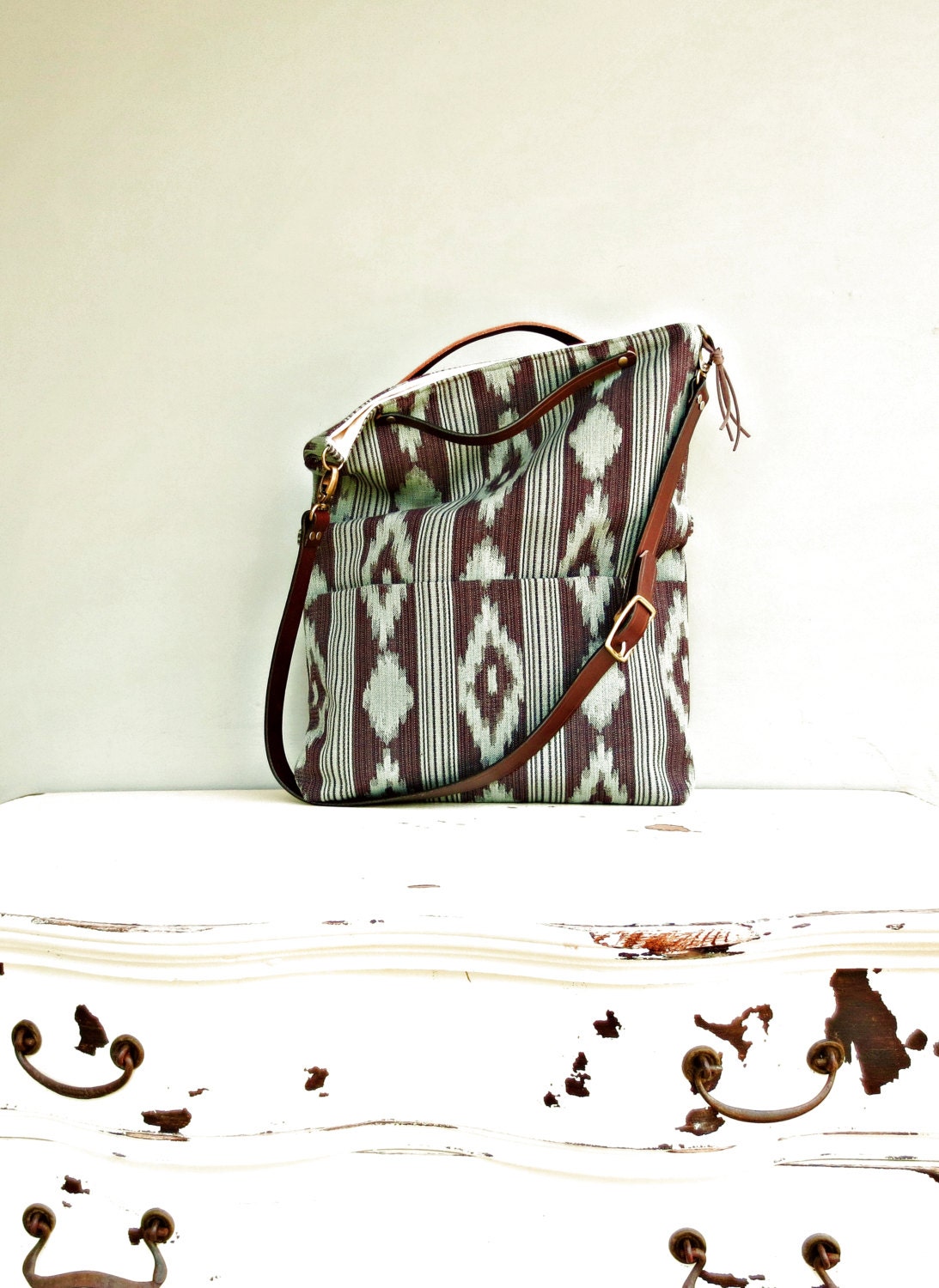 Aztec Tote Bag - Seafoam Green Ikat Cross Body - Southwest Messenger Bag - Teal Blue Green Crossbody - Custom Length Leather Strap (no1)