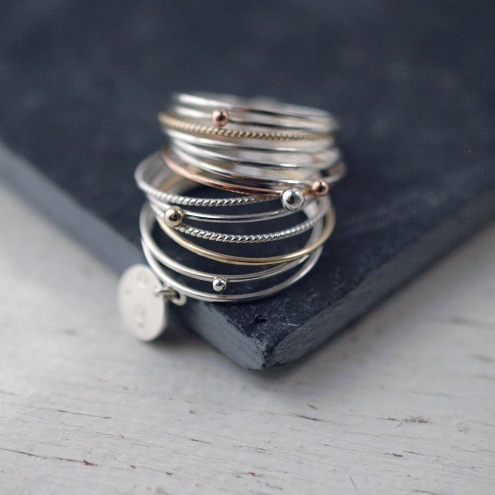 Galactical 14 stacking ring with 14kt yellow rose gold and silver rings