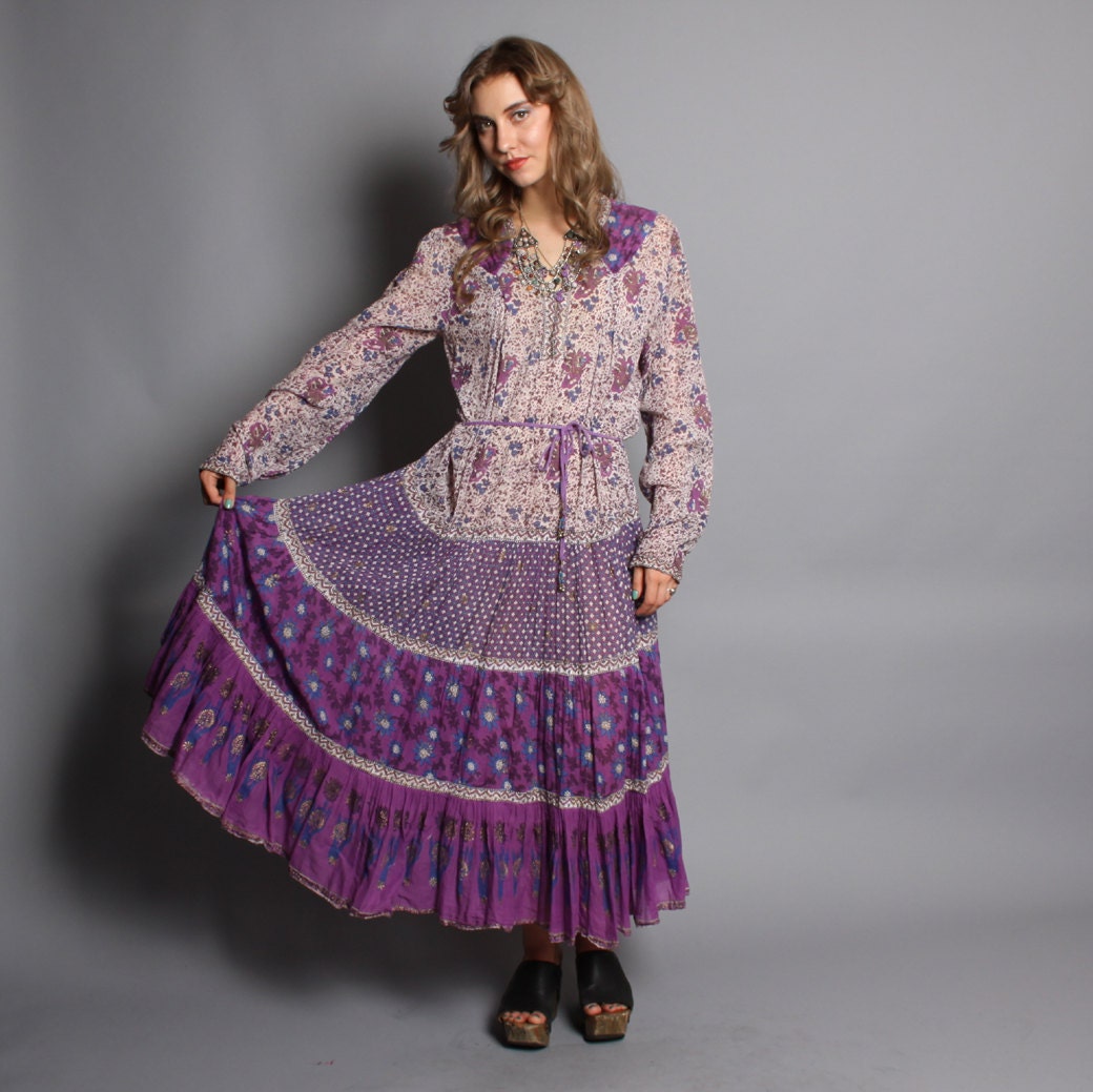 70s Gauze BOHO DRESS / Purple & Metallic Gold Indian Cotton, sml