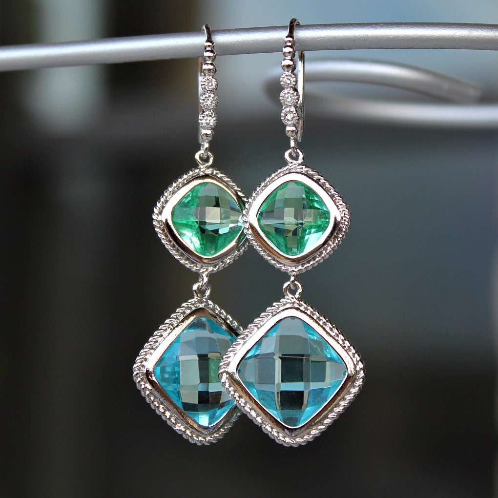 Faceted Diamond Shaped Peridot and Aquamarine Crystal Dangle Earrings in Silver