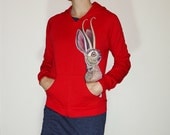 NEW Pocket Jackalope hoodie - OOAK - handpainted on a red ethical cotton hooded sweatshirt  - ladies fitted style size Large
