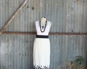 Shoulda Woulda Coulda - Off White Knit Skirt with Black and White Embroidered Hem - Circa 1970's Skirt