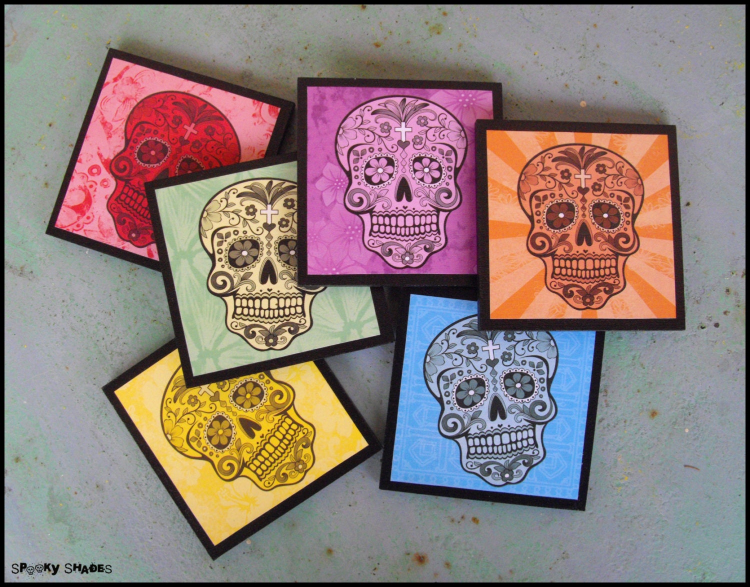 Rainbow Sugar Skulls coasters - set of 6 wooden coasters - calaveras, Day of the Dead, skull housewares, skull gifts