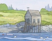 Coastal Landscape Boathouse Illustration - 5x7 Print