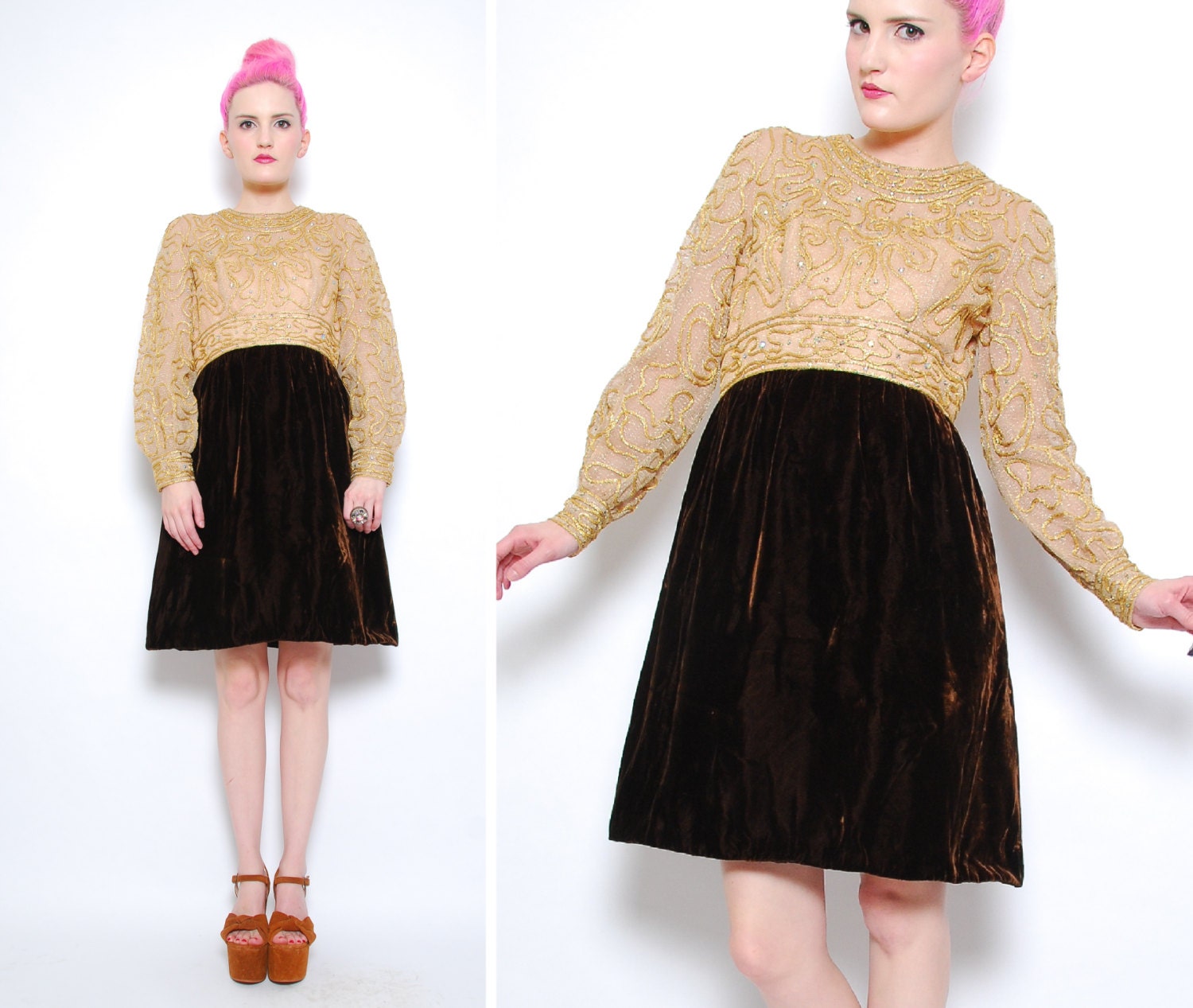 60s Sheer Rhinestone Metallic Gold Babydoll Dress - 1960s Brown Velvet Party Cocktail Mad Men Mini Dress - S 6