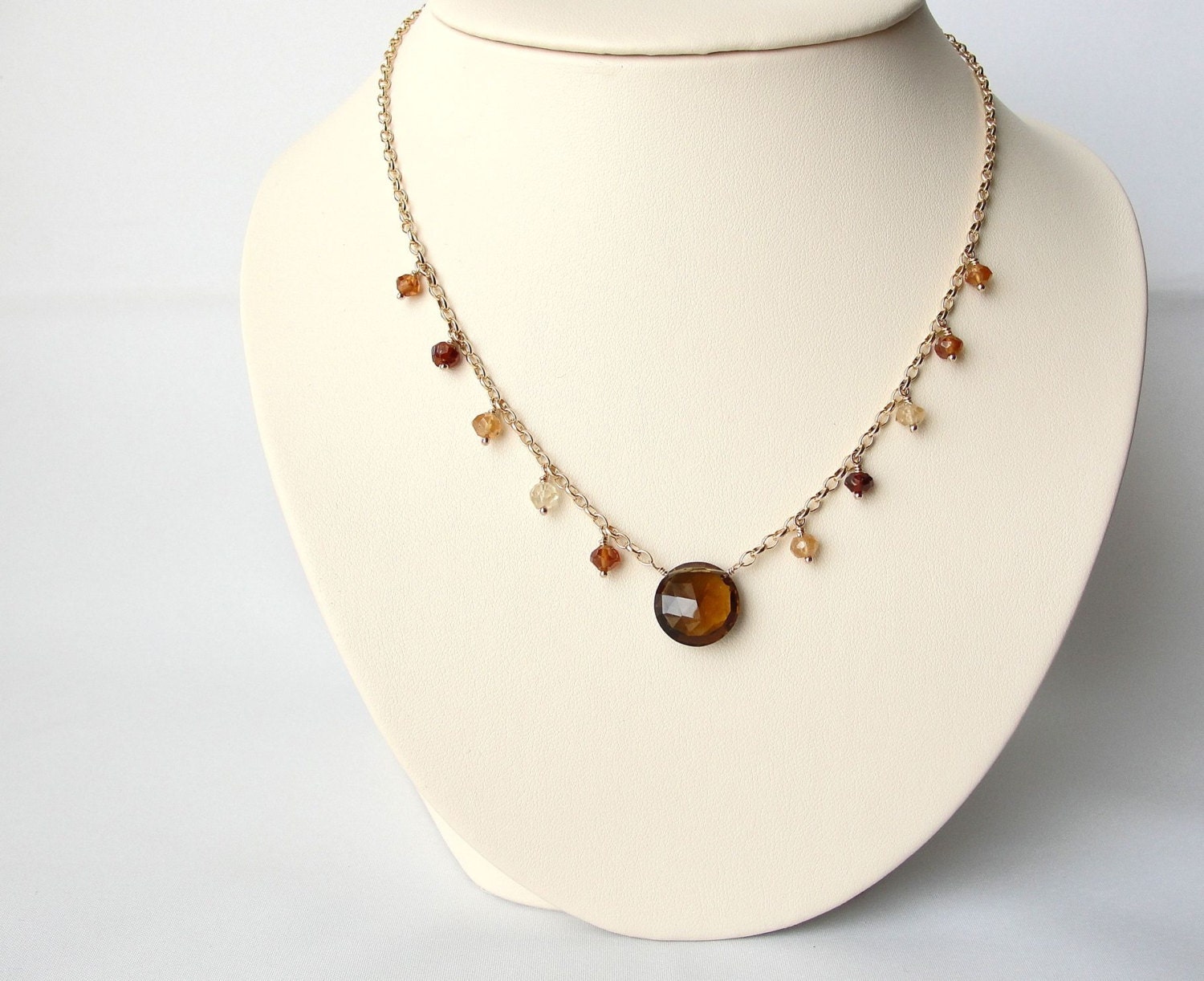 Gold Fill Necklace with Brown Cognac Quartz and Hessionite Garnet Gemstones, Handcrafted Semiprecious Jewelry