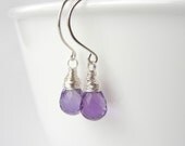 February Birthstone Earrings, Amethyst Dangles in Sterling Silver, Wire Wrapped Briolette Gemstone Jewelry