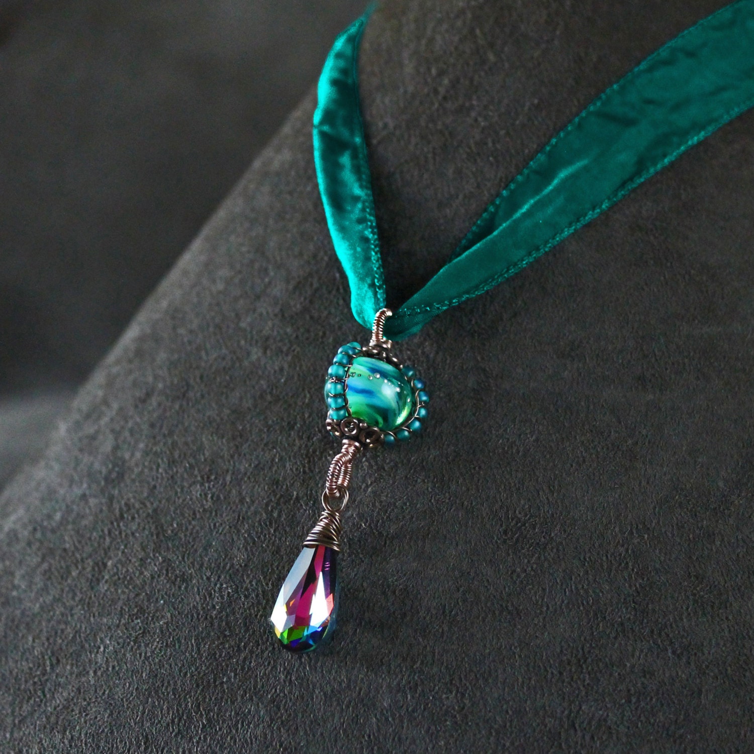 Drop Necklace Caged Glass Bead & Crystal: "Rainbow Forest"