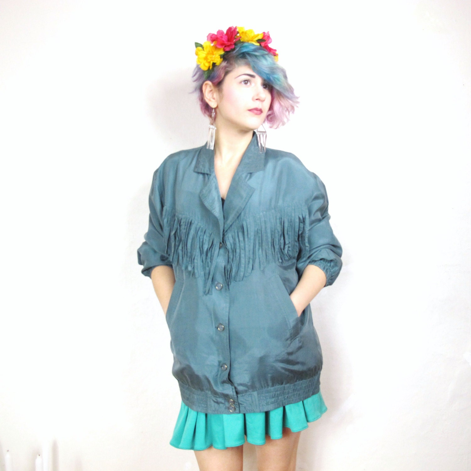 90s Mint Green Silk Fringe Bomber Jacket (M/L)