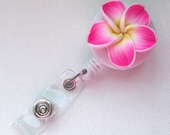 Pink Plumeria Flower - ID Badge Holder - Badge Reel - Name Badge Holder - Nurse ID Badge Clip - Nursing Badge - Nurse Badge Holder