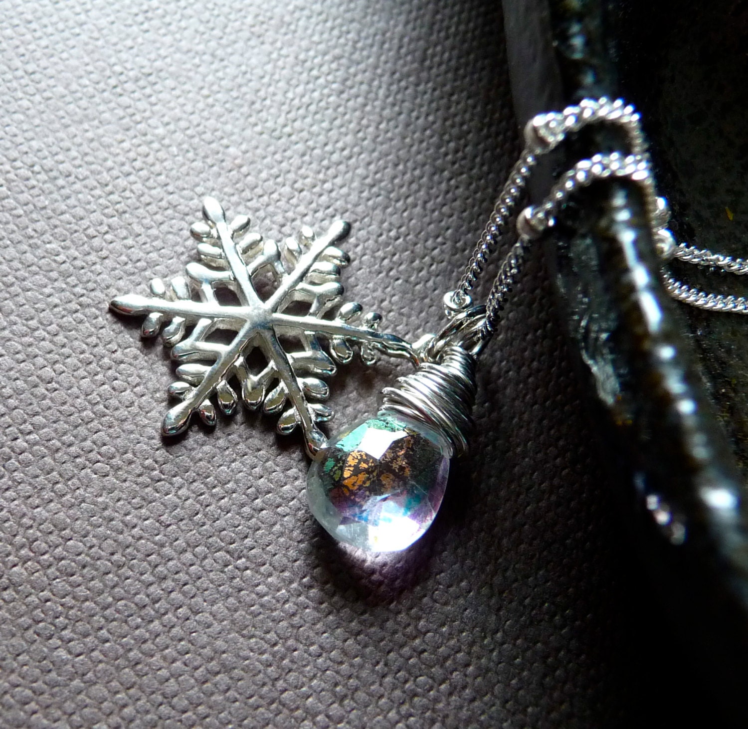 Snowflake Necklace, Clear Mystic Quartz Gemstone, Rainbow Crystal Quartz, Winter Jewelry, Sterling Silver Necklace