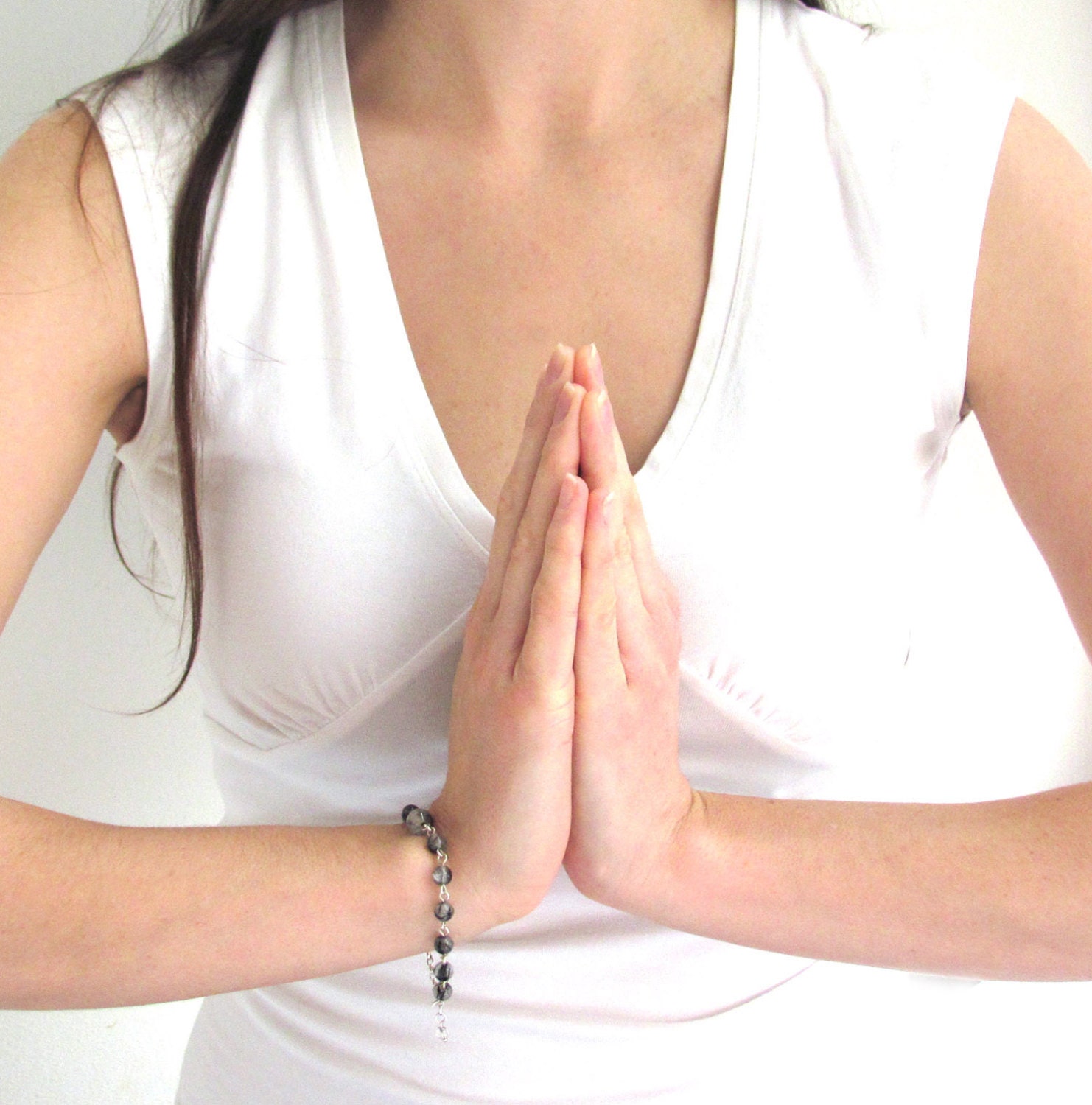 Tourmalinated Quartz Meditation Bracelet, Prayer Bead Bracelet, Rosary, Chakra Bracelet in Sterling Silver