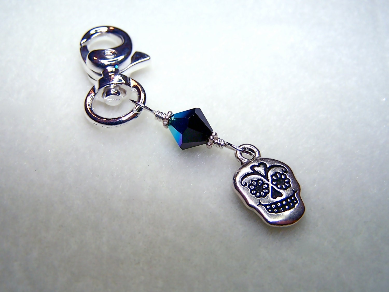 Skull Zipper Pull - Day of the Dead - Sugar Skull Bag Charm - Purse Charm with Silver Skull Charm and Black Swarovski Crystal - Handmade