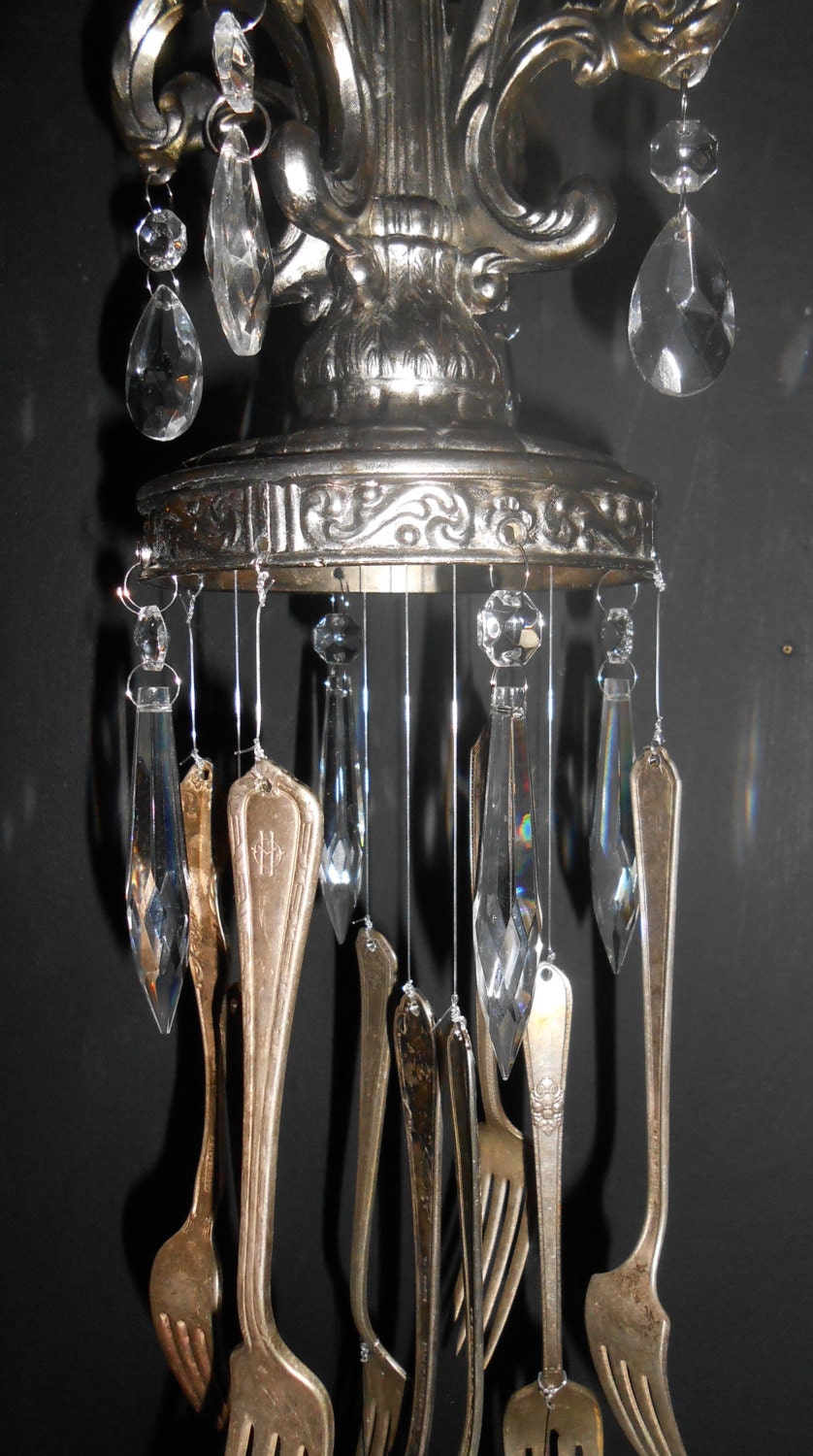 Large Windchime, Silver Flatware,spoons,crystal prisms, shabby chic, wind chime, Mother's day