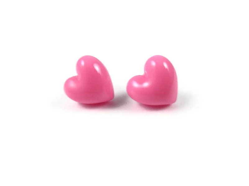 Heart Stud Earrings - Pink Stud Earrings, Small Heart Earrings, Cute Kitsch Kawaii Jewelry, Silver Post Earrings