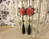 Coral Flower Teardrop Earrings, Boho Dangle Earrings, Mum Flower Jewelry, Gold Crystal Earrings, Antiqued Bronze Jewelry