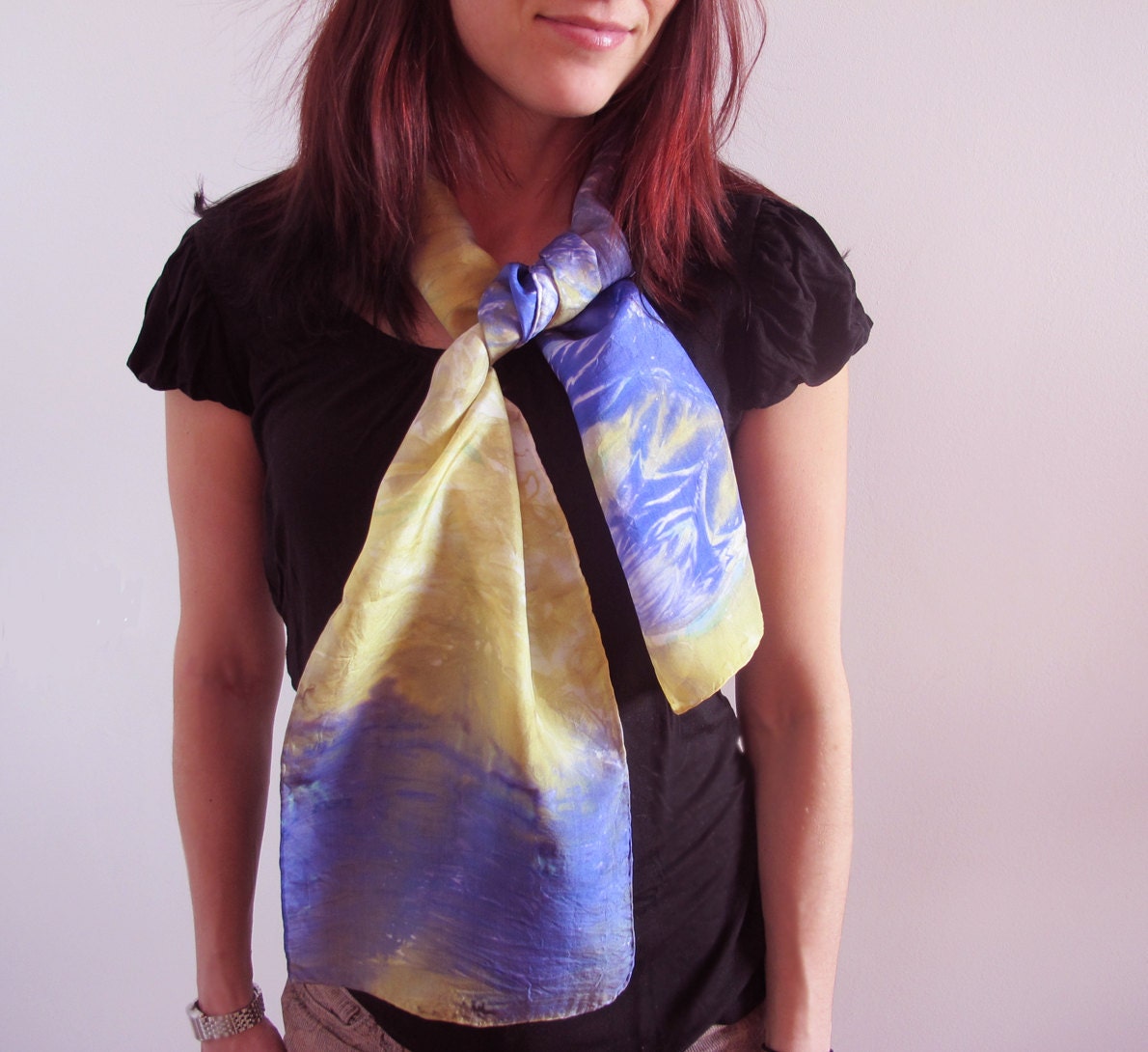 Hand-Dyed 100% Silk Scarf Gold and Iris Lavender