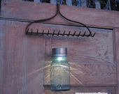 Garden Rake Solar Light Set Garden Decor Ball Mason Jar Solar Hanging Light Recycled Salvaged Garden Rake Hook, Gift for Gardeners