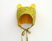 Baby Bonnet, Green Red Yellow Woodland Creature Bear Cub, 6 months