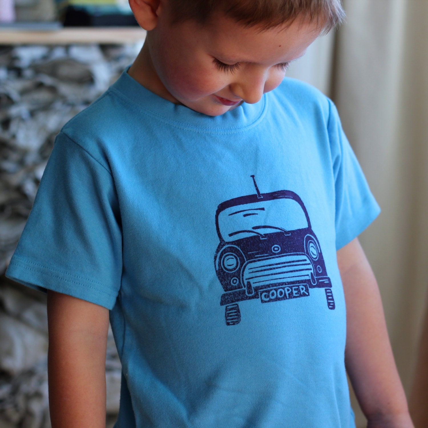 Cooper Mini Shirt, MADE TO ORDER, Short Sleeve, Hand-dyed, Hand-printed, Linoleum Block Print