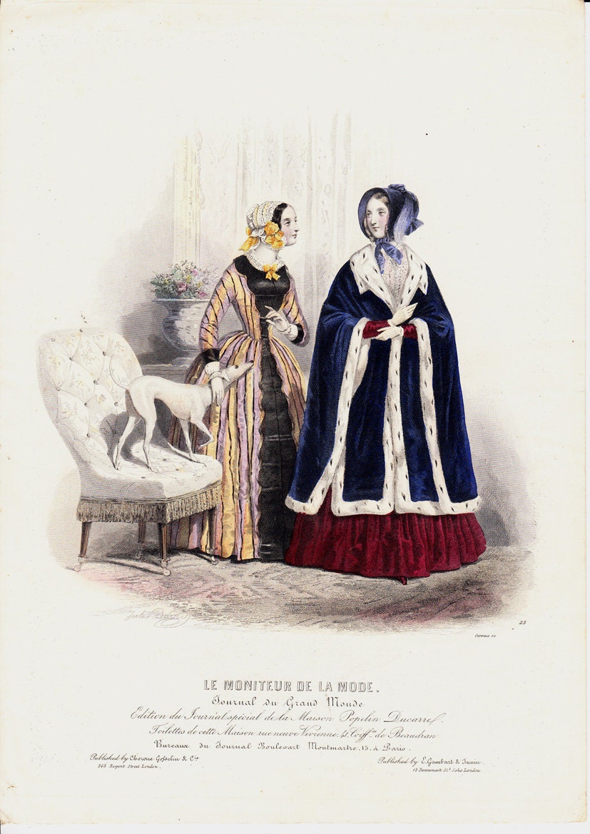 1860 Antique  FASHION engraving. Woman with  blue cloack and dog, Jane Eyre era, french woman fashion original antique print .