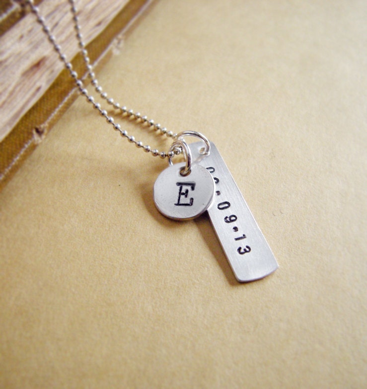 Personalized New Mom Initial and Date Tag Necklace - Custom Hand Stamped Typewriter Style in Sterling Silver