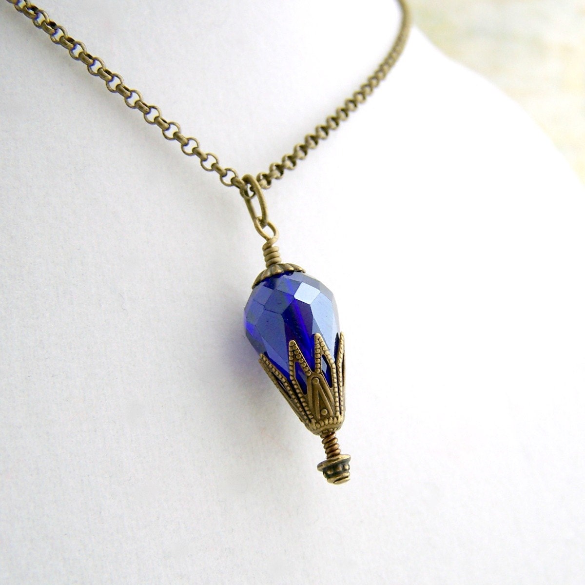 Cobalt Hot Air Balloon Necklace of cut glass crystal - Steampunk Jewelry - Antique Brass and Crystal Cobalt Blue Necklace
