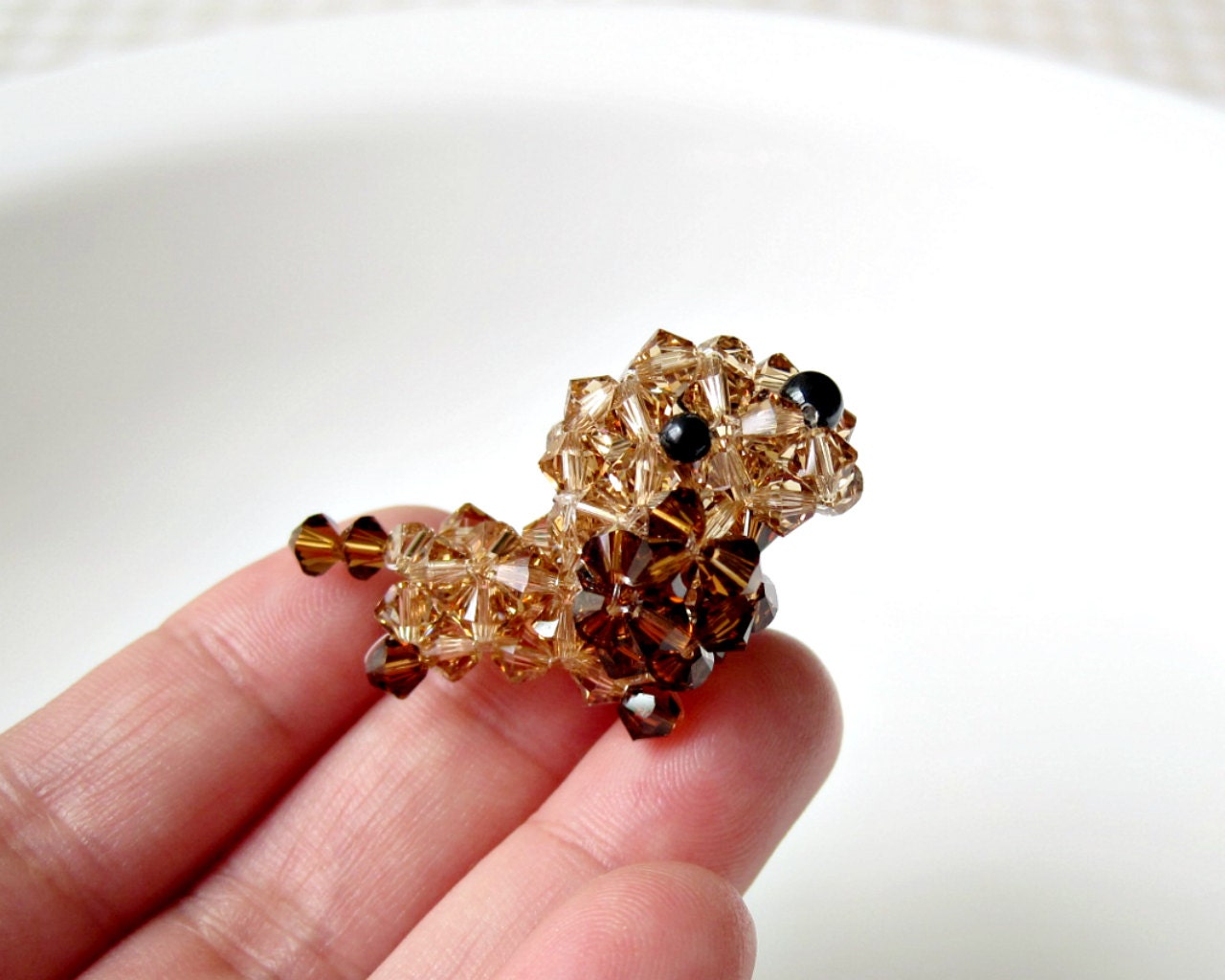 Roo the Miniature Dachshund, Doxie Dog Figurine, Beaded Swarovski Crystals, Brown