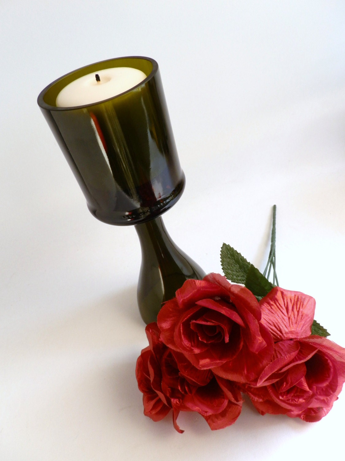 Olive Glass Champagne Bottle Candle Holder Chalice Centerpiece