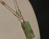 Murano Glass Rose Necklace with Fiorato Tube Bead in Peridot Green Pink Copper and Rose Gold
