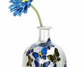 Hand Painted Glass "Patron" bottle Cobalt Blue  green silver butterflies Minimal Home Decor - Decorative Glass Art
