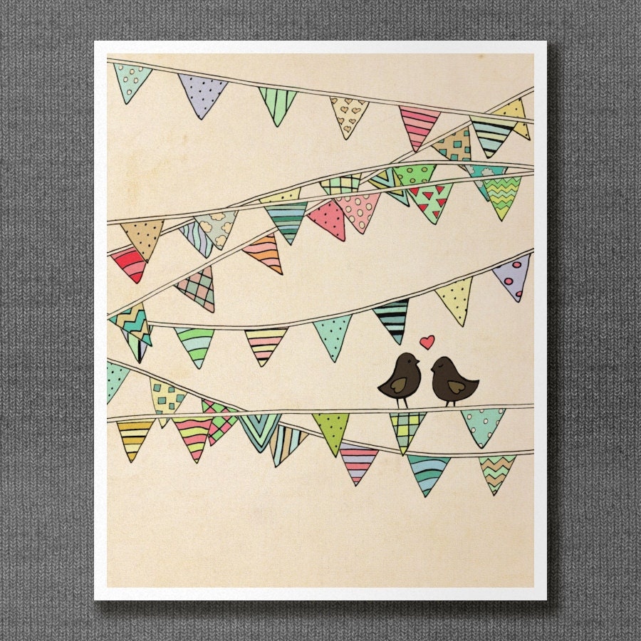 Personalized Custom Anniversary Wedding Art Print - Love Birds on Bunting - Romantic Valentines Illustration and Typography Poster