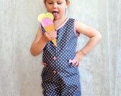 Girls Summer Playsuit, Baby / Toddlers jumpsuit / romper, Pink / Grey polka dot with pink bows, any size