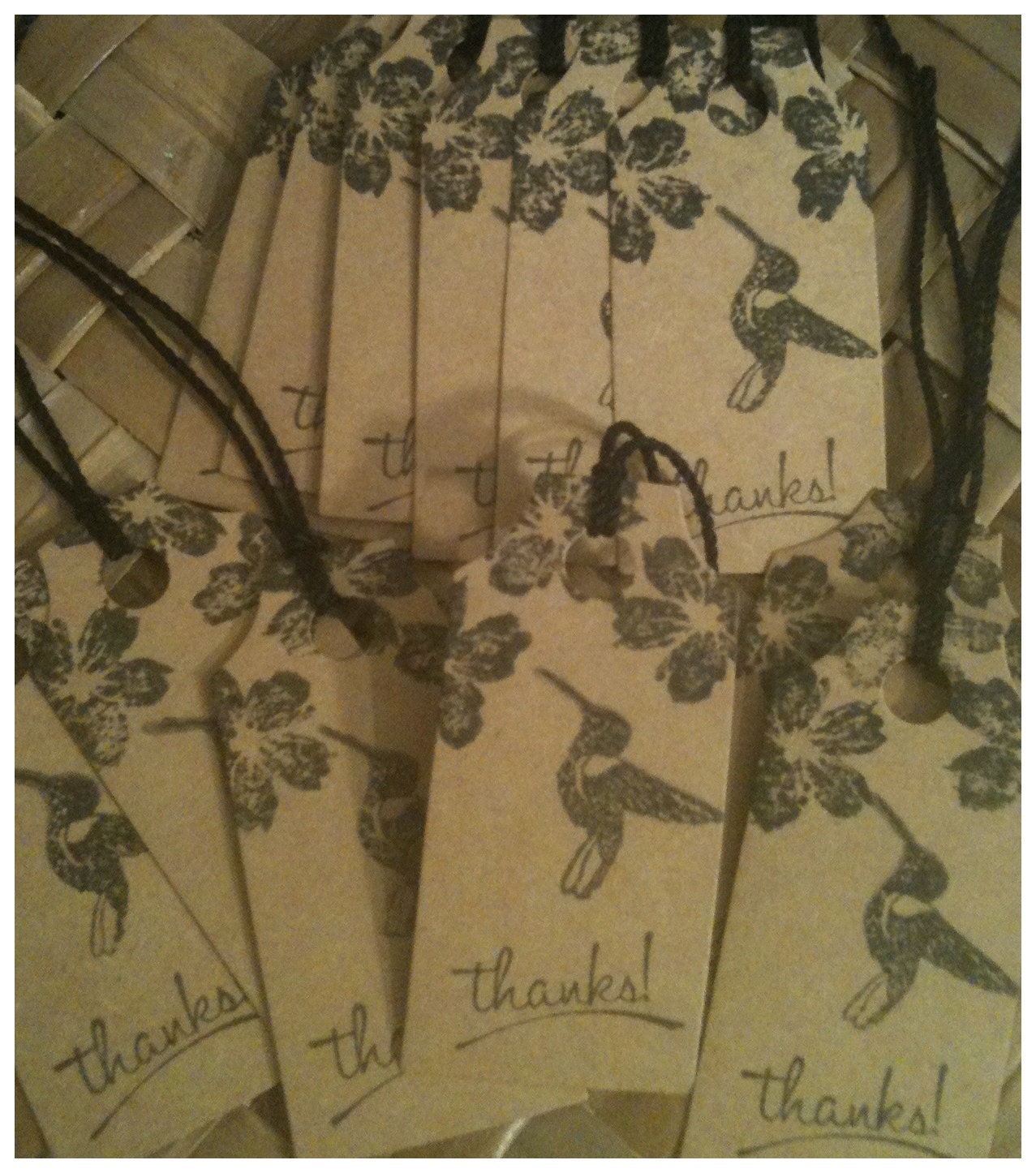 Kraft Card Stock Hummingbird Hawaiian Hibiscus Flowers Thank You Tags Hand Stamped Black Flowers Luau Wedding Party Favor 1.5 x 3 Set of 12
