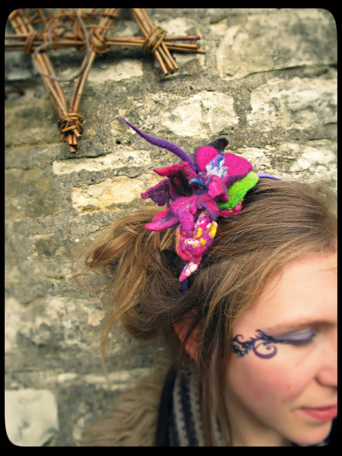 ARtWeAR - Felt Art Fascinator - 'LoVe FRaCtAL' - Weird wacky psy wear bright & bold - hand felted wool fibre art to wear - handmade OOAK
