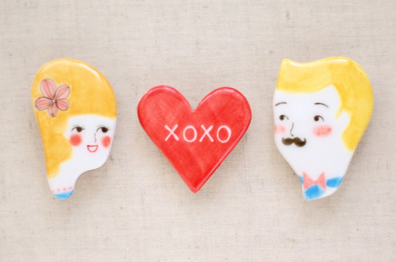 You & I Hand painted Ceramic Brooch set