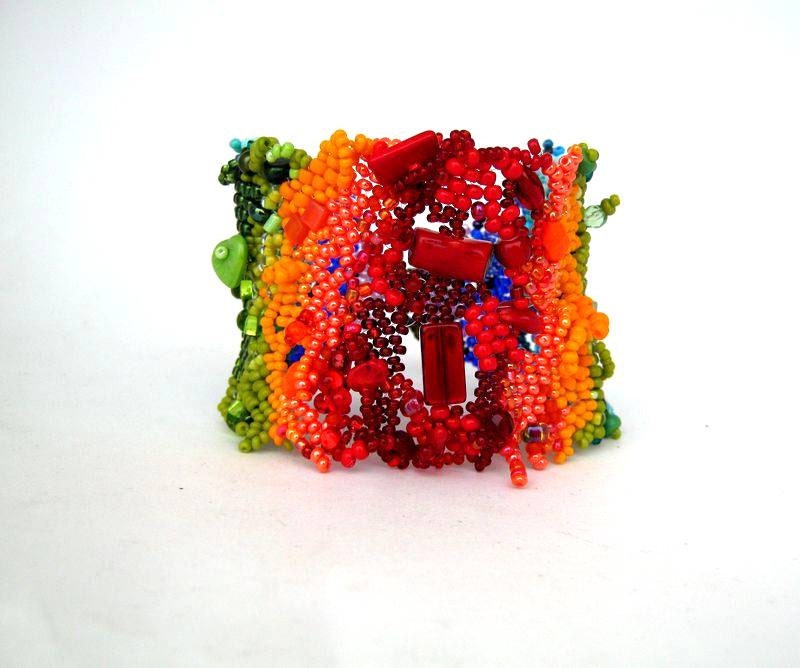 Beaded jewelry, beaded bracelet cuff, seed beads jewelry, freeform peyote bracelet, beadwork, rainbow, summer fashion, multicolor