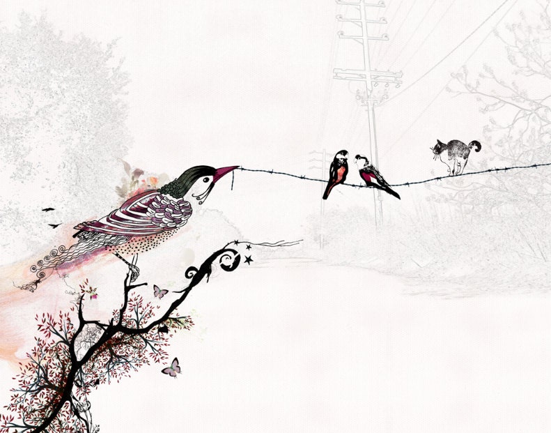 Collage & Mixed Media, Animals painting,  Birds decor, Original watercolor Ink drawing