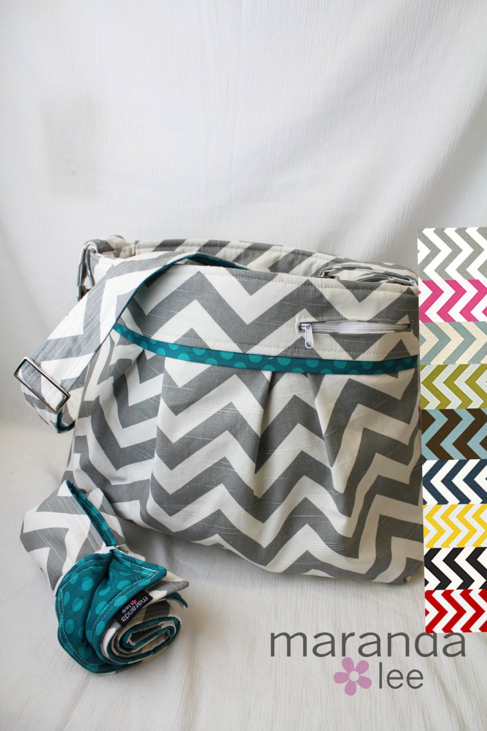 Stella DELUXE Chevron Diaper Bag Large Changing Pad Set - Choose your Chevron and Accent Fabric- Elastic Pockets Stroller Attachment