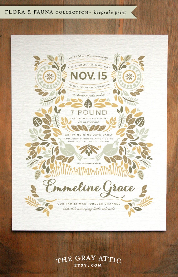 Custom Birth Story Keepsake Print - (Flora & Fauna - Autumn) - 8x10 - Modern, Contemporary