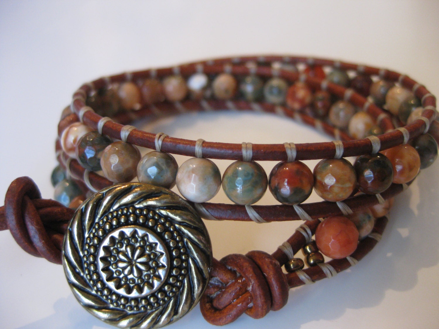 Leather Wrap Beaded Bracelet -  Multi Color Agate Beads - Brown Leather Cord - Vintage Antique Gold  Button - Chan Luu Inspired